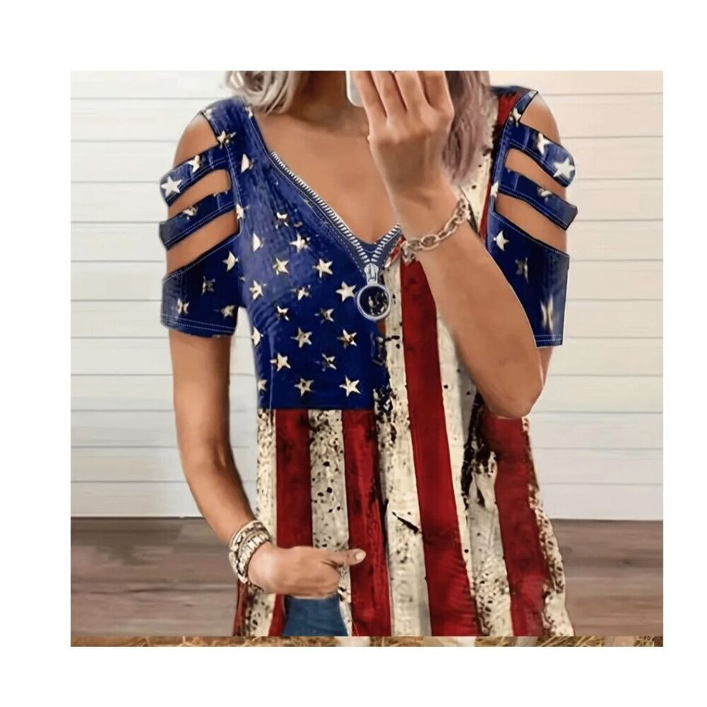 Women's Cold Shoulder Short Sleeve American Flag Top in S-M-L-XL.